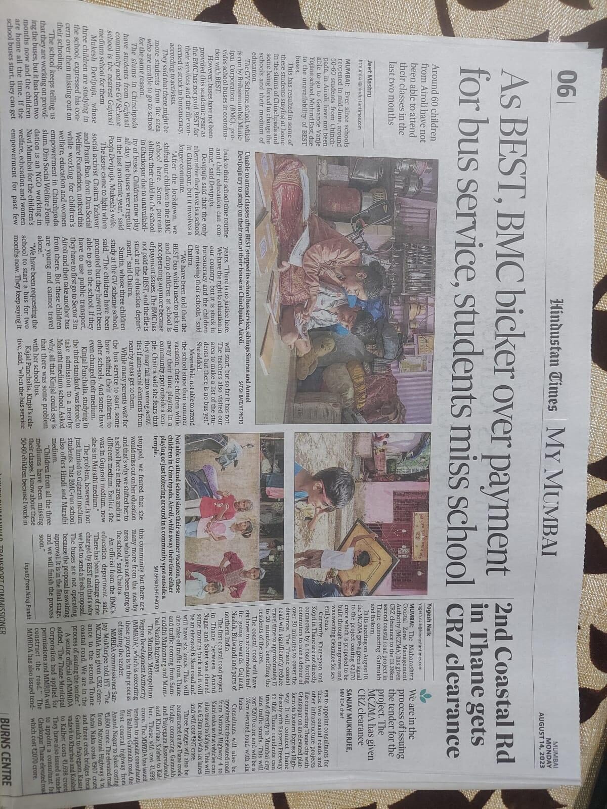 Hindustan Times newspaper article covering the school bus service advocacy by Dira Foundation