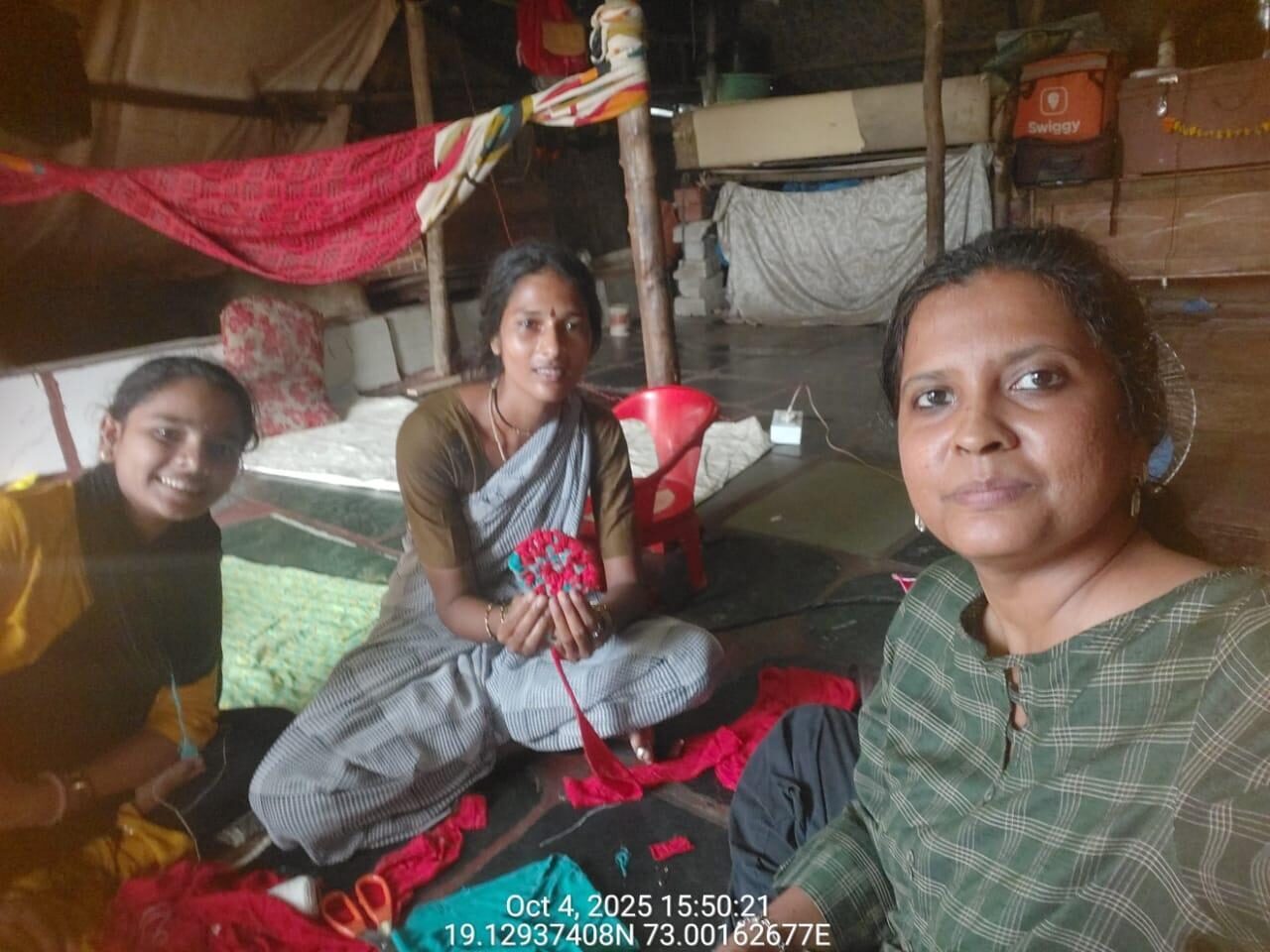 Women learning bathroom-mat making as part of a Dira Foundation livelihood workshop